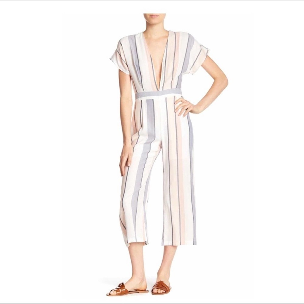 On The Road Jumpsuit Deep V Wide Leg Crop Striped Size M